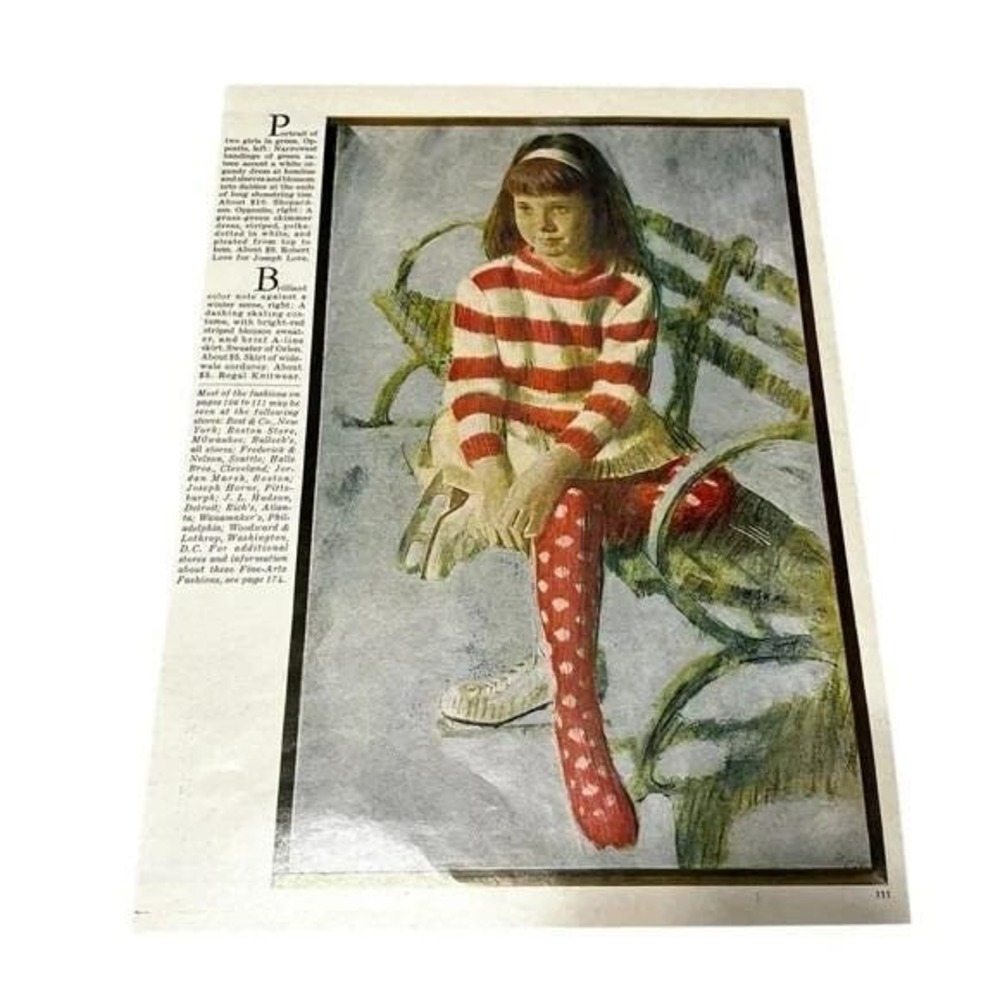 1964 Vintage Magazine Illustration Girl in Red with Ice Skates Artist Joe Bowler